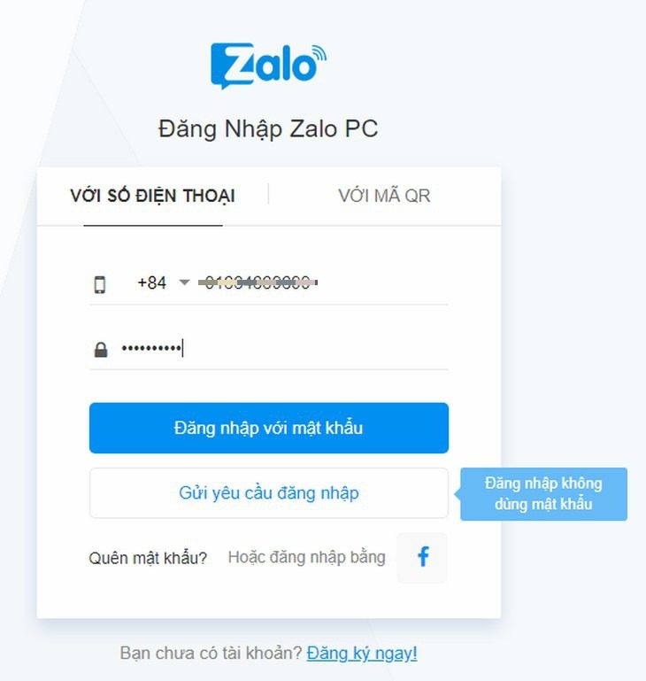 đăng nhập Zalo trên máy tính bằng tên đăng nhập, mật khẩu 2